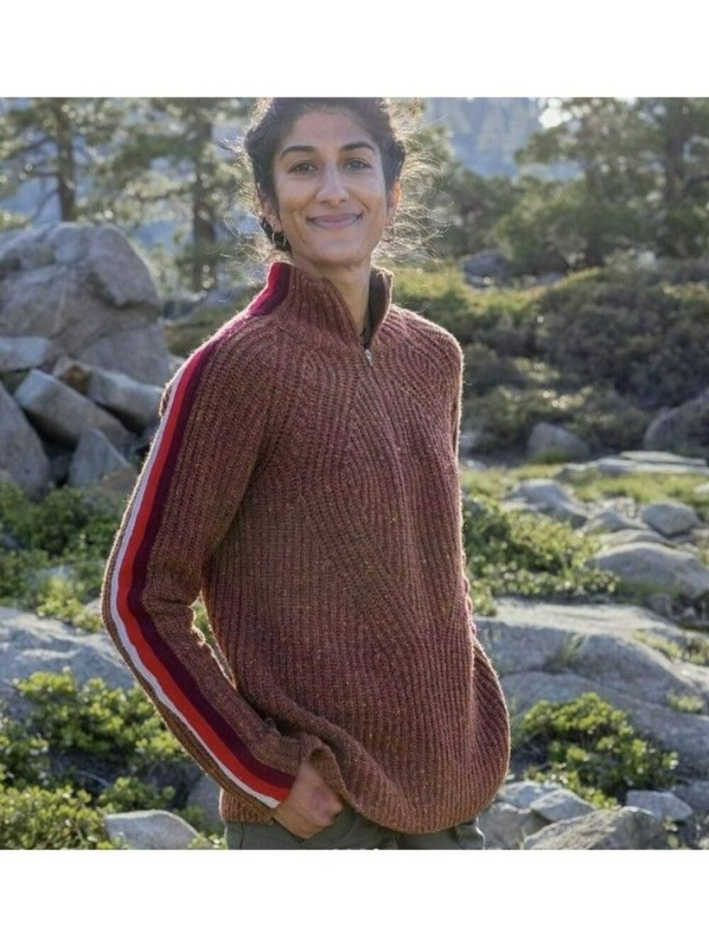 Krimson Klover Brown Cable Knit Sweater Stripe Sleeve Thumbholes Half Zip L